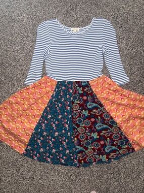 Matilda Jane Blue & White Striped Top with Multi-Print Skirt